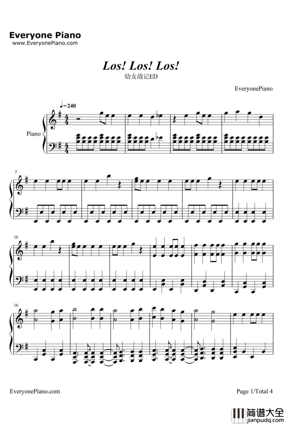 Los!_Los!_Los!钢琴谱_谭雅•提古雷查夫(CV:悠木碧)_幼女战记ED