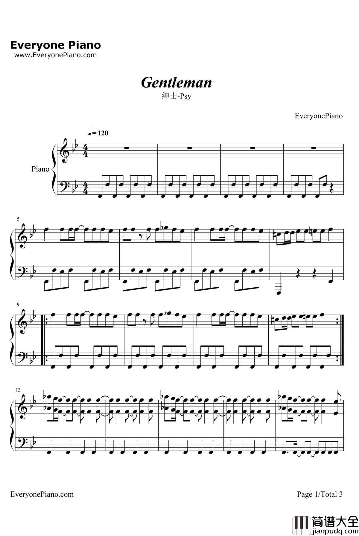绅士钢琴谱_鸟叔_Gentleman_PSY_鸟叔