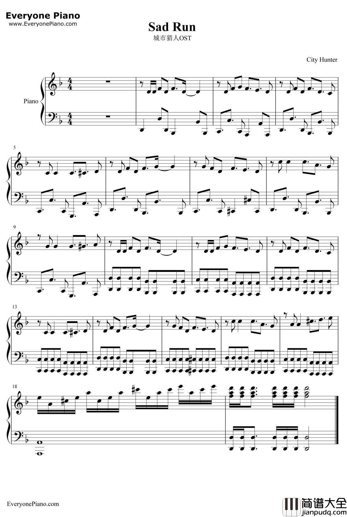 Sad_Run钢琴谱_吴俊城_城市猎人OST