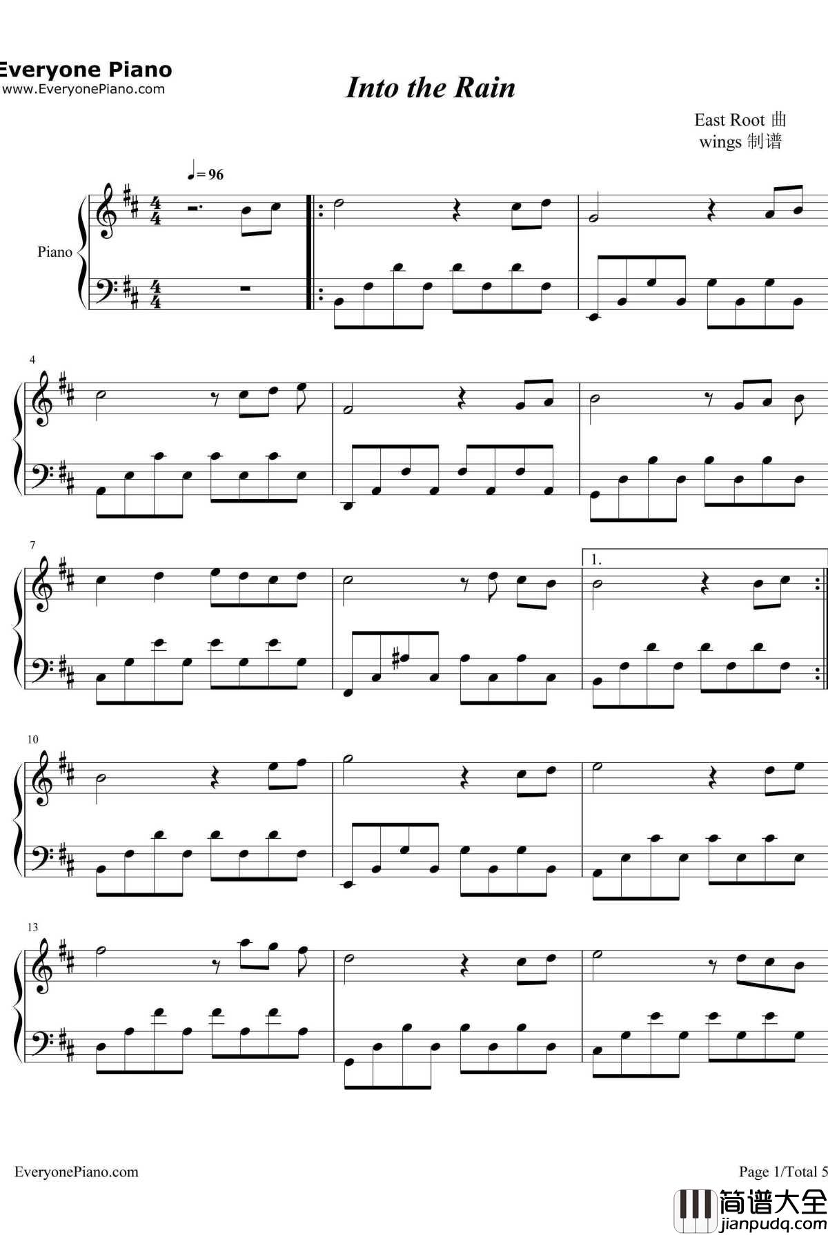 Into_The_Rain钢琴谱_EastRoot