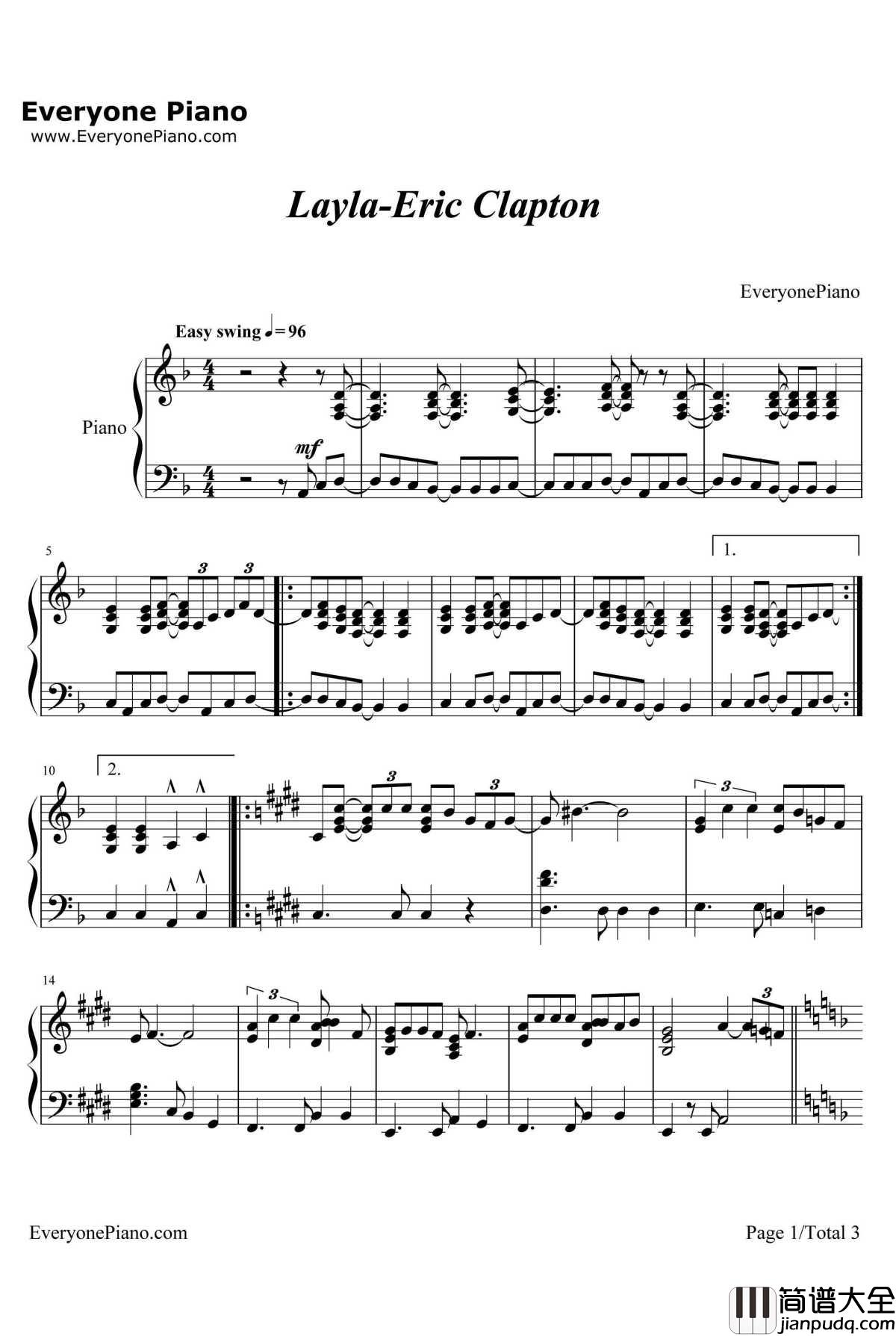 Layla钢琴谱_EricClapton