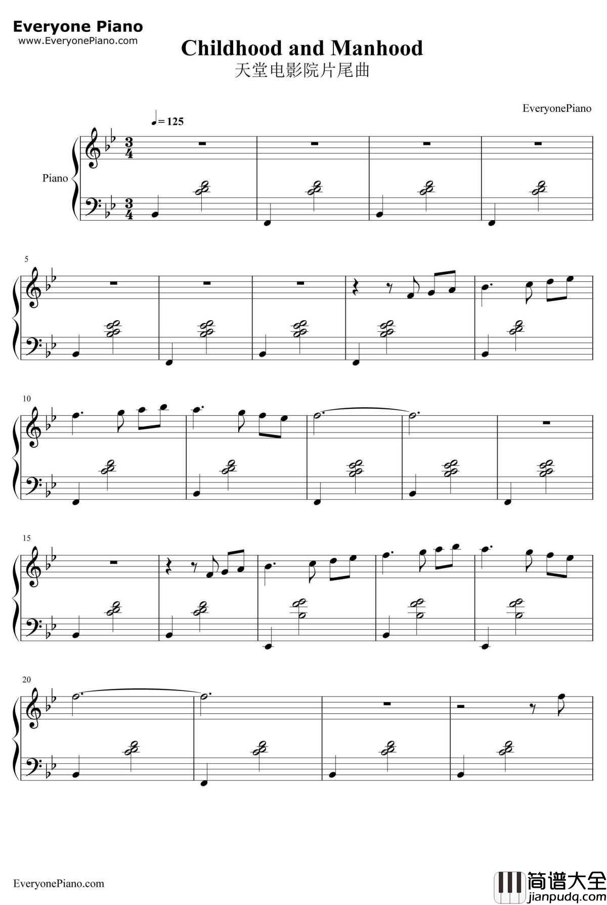 Childhood_and_Manhood钢琴谱_EnnioMorricone_天堂电影院片尾曲