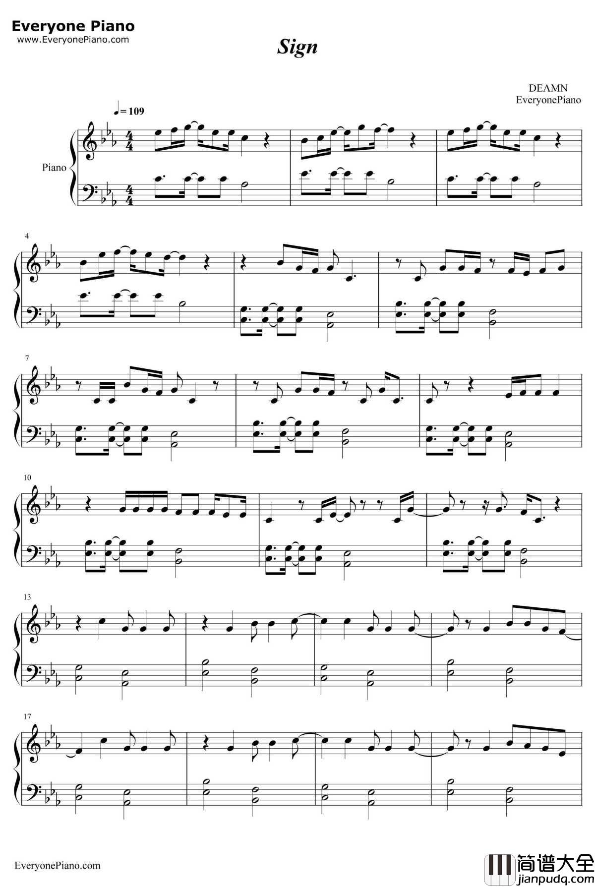 Sign钢琴谱_DEAMN