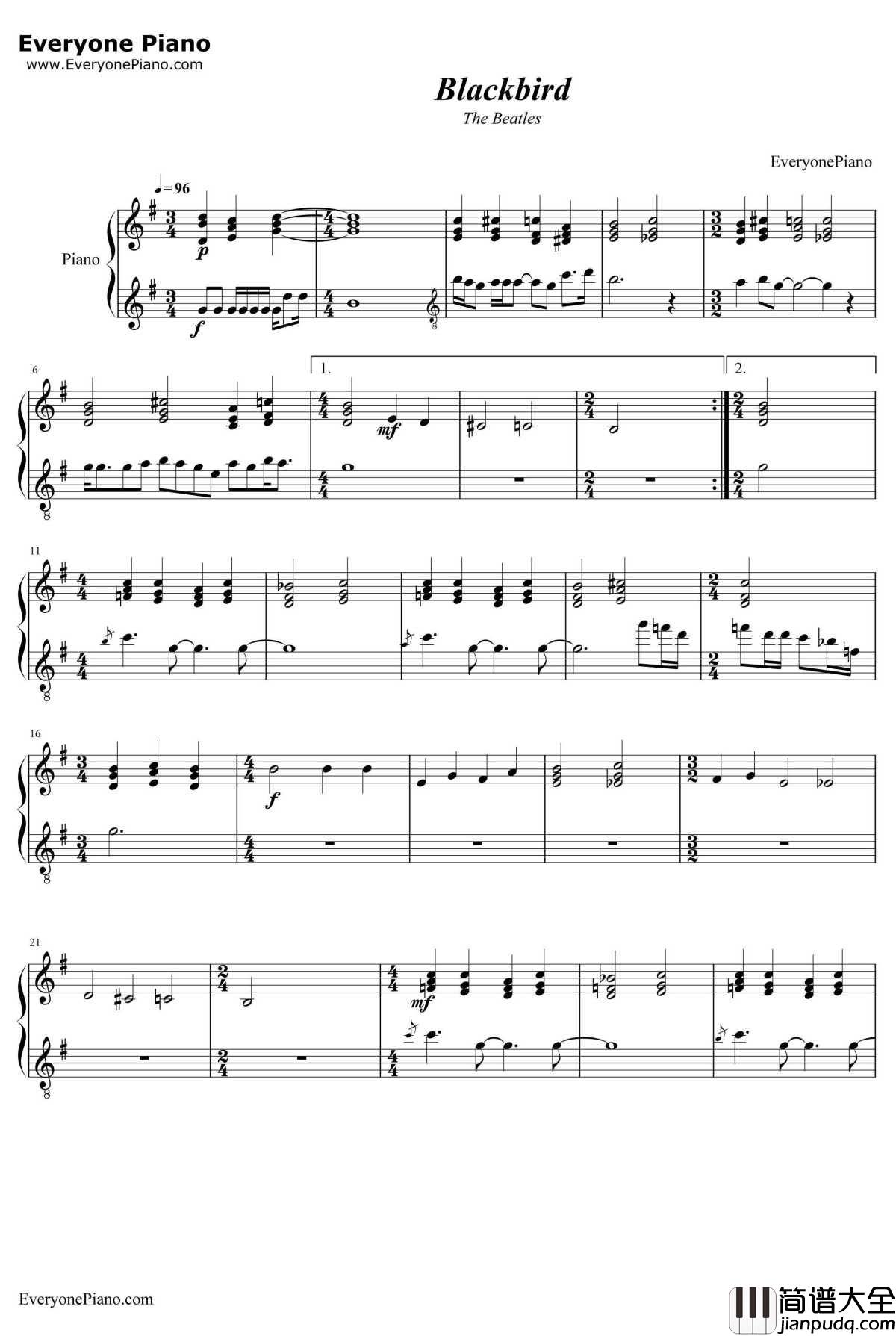 Blackbird钢琴谱_TheBeatles