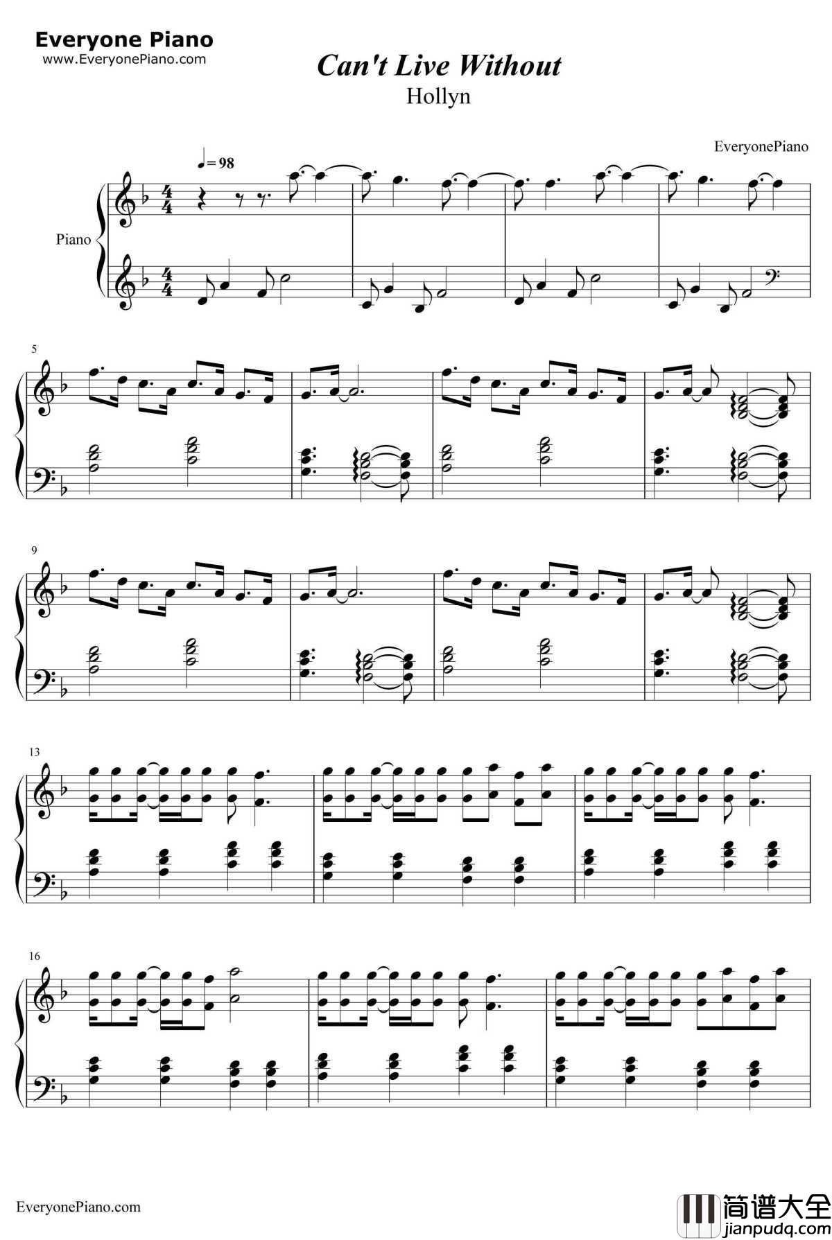 Can't_Live_Without钢琴谱_Hollyn
