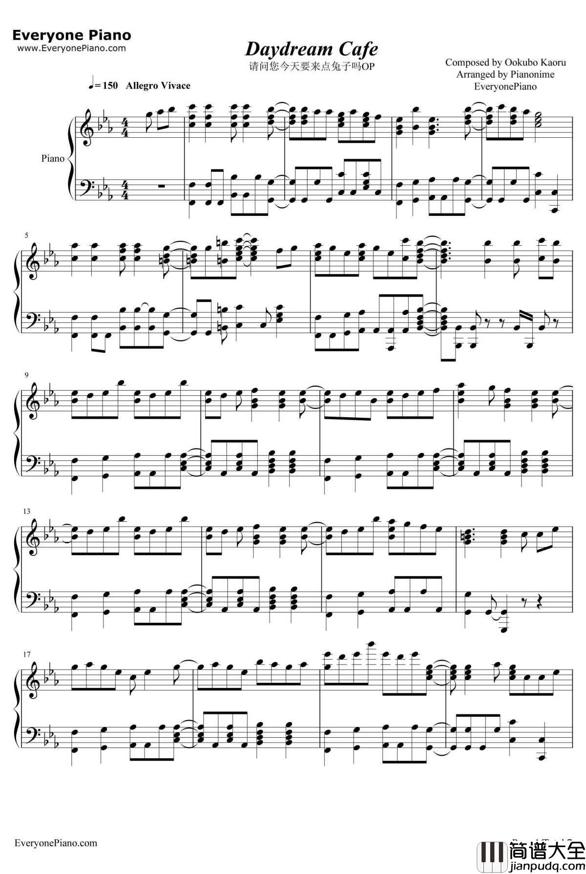 Daydream_Cafe钢琴谱_PetitRabbit's_请问您今天要来点兔子吗OP