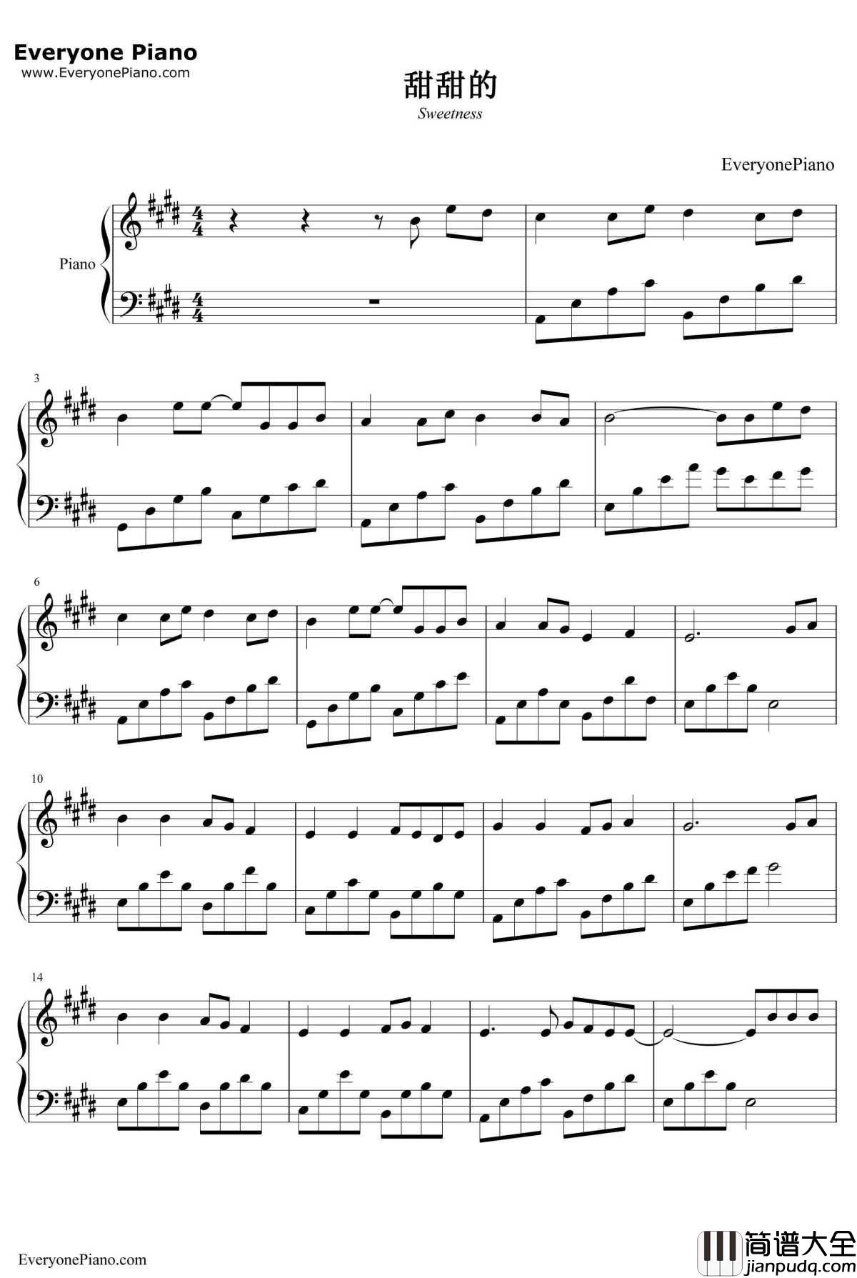 甜甜的钢琴谱_周杰伦