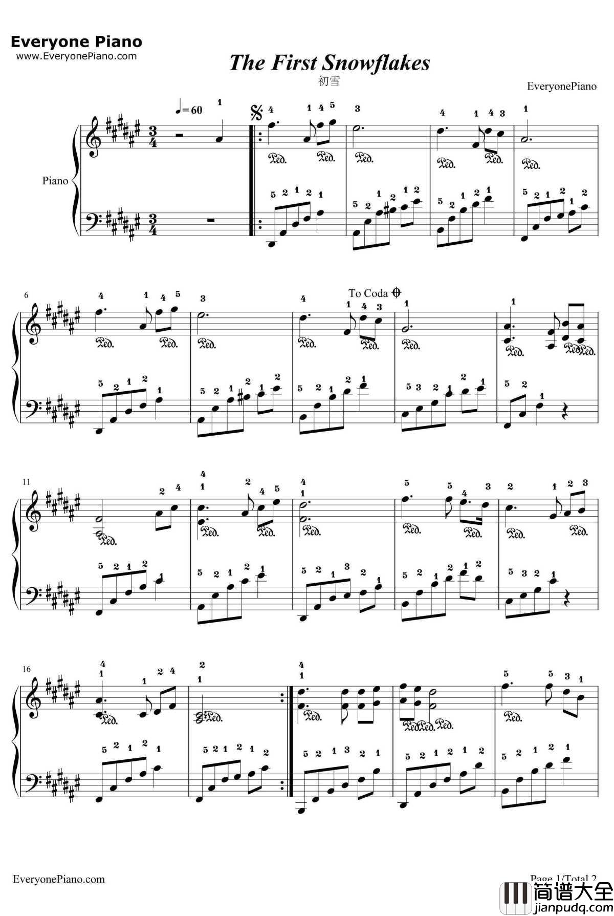 初雪简易版钢琴谱_班得瑞Bandari_带指法