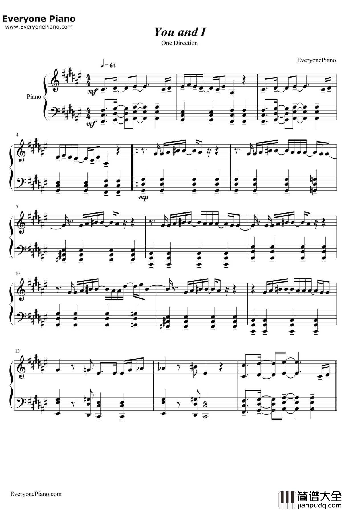 You_and_I钢琴谱_OneDirection