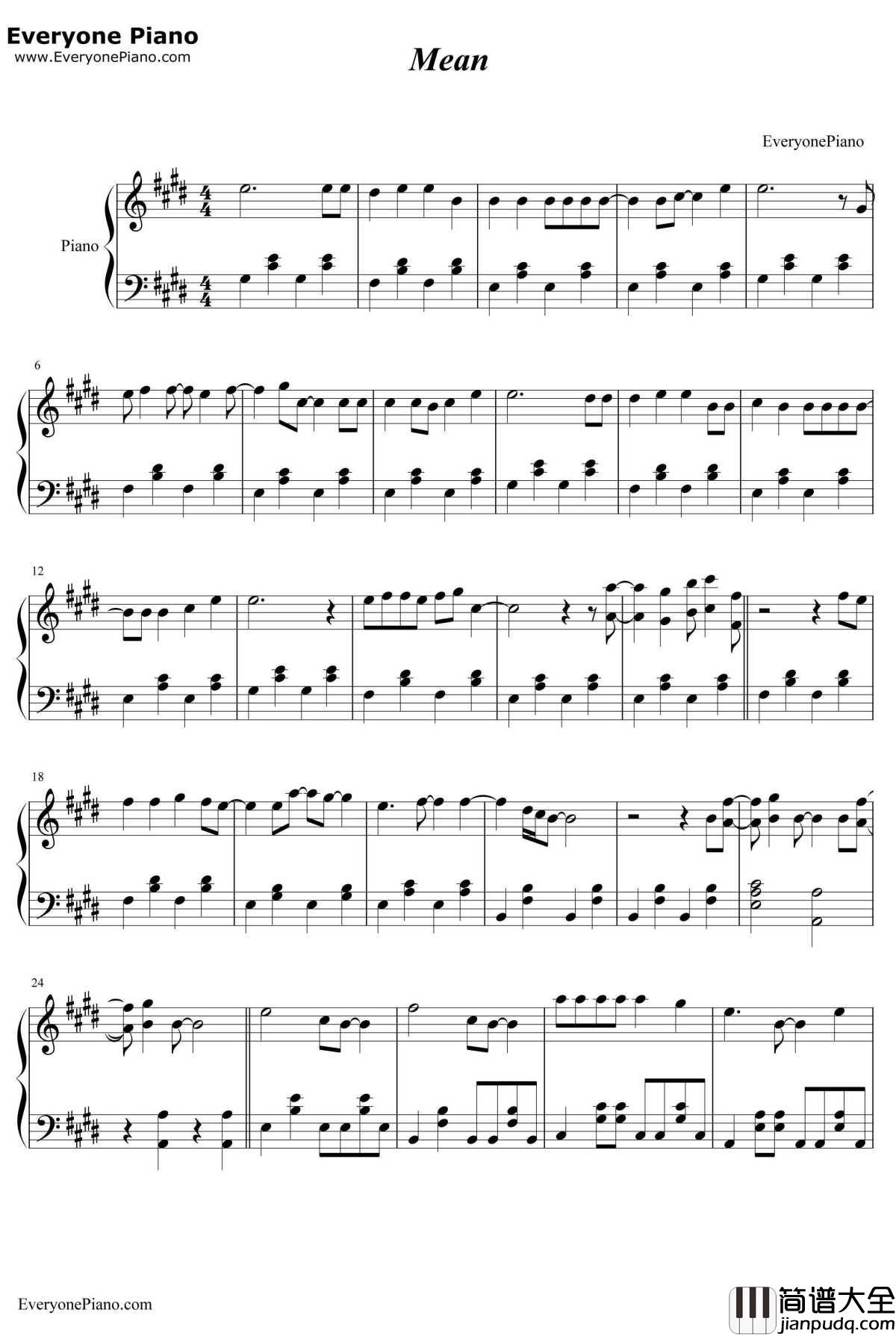 Mean钢琴谱_TaylorSwift