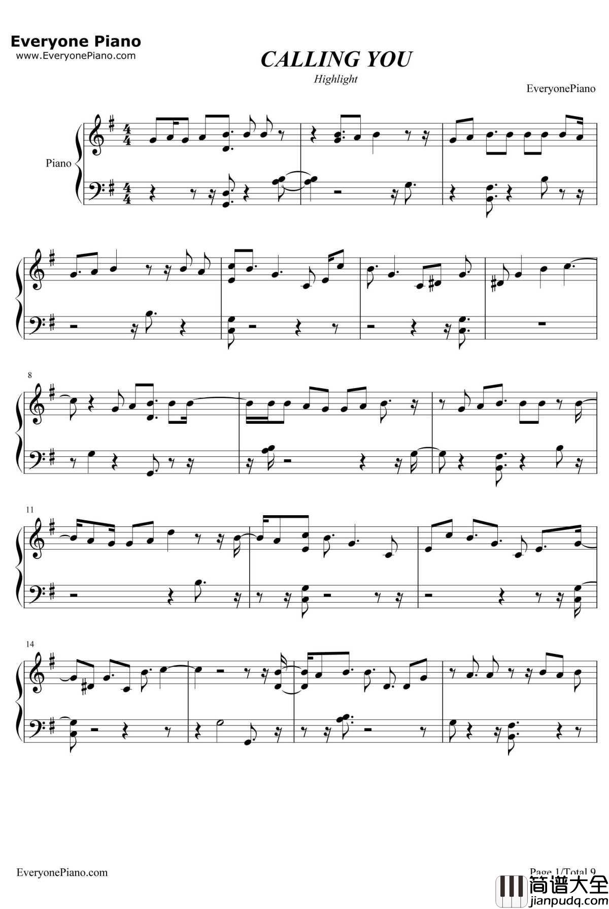 CALLING_YOU钢琴谱_Highlight