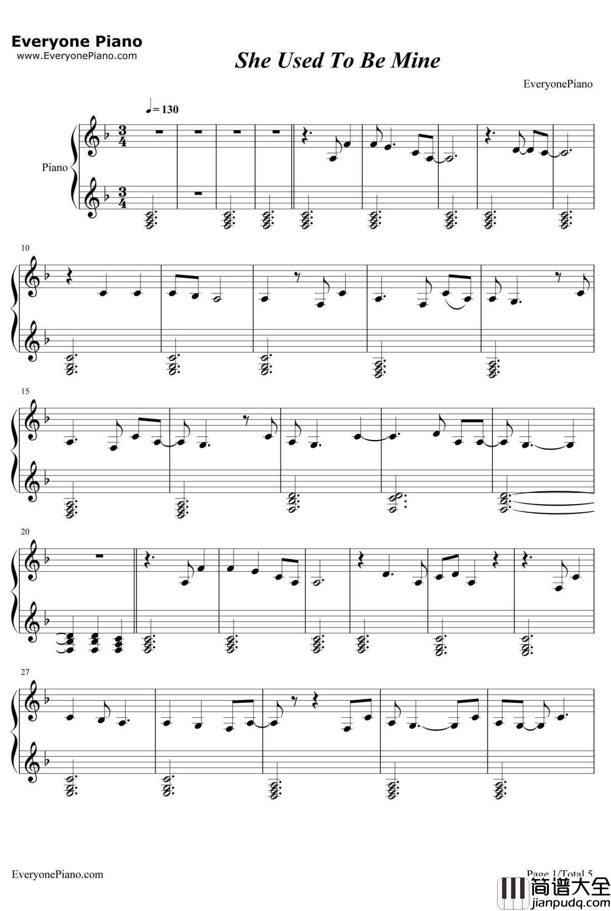 She_Used_To_Be_Mine钢琴谱_SaraBareilles_WaitressOST