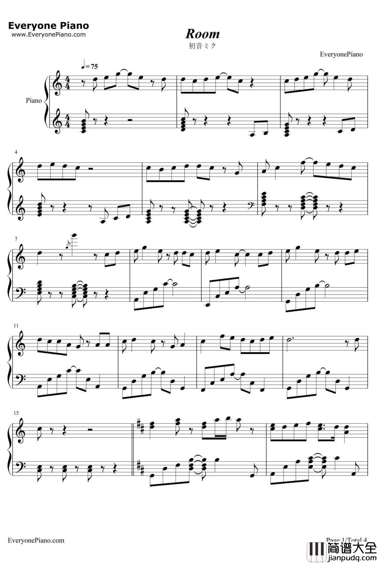 Room钢琴谱_初音ミク