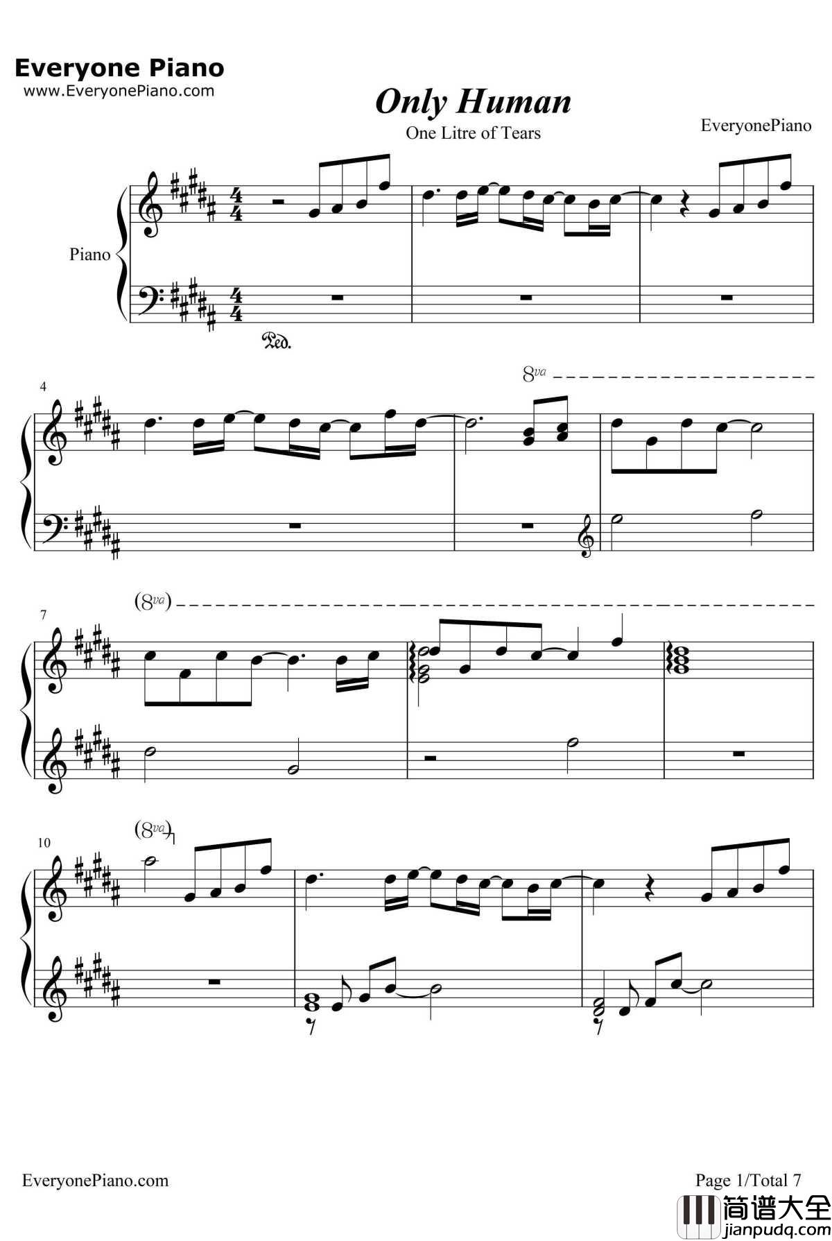 Only_Human钢琴谱_K(姜尹成)_一公升眼泪主题曲