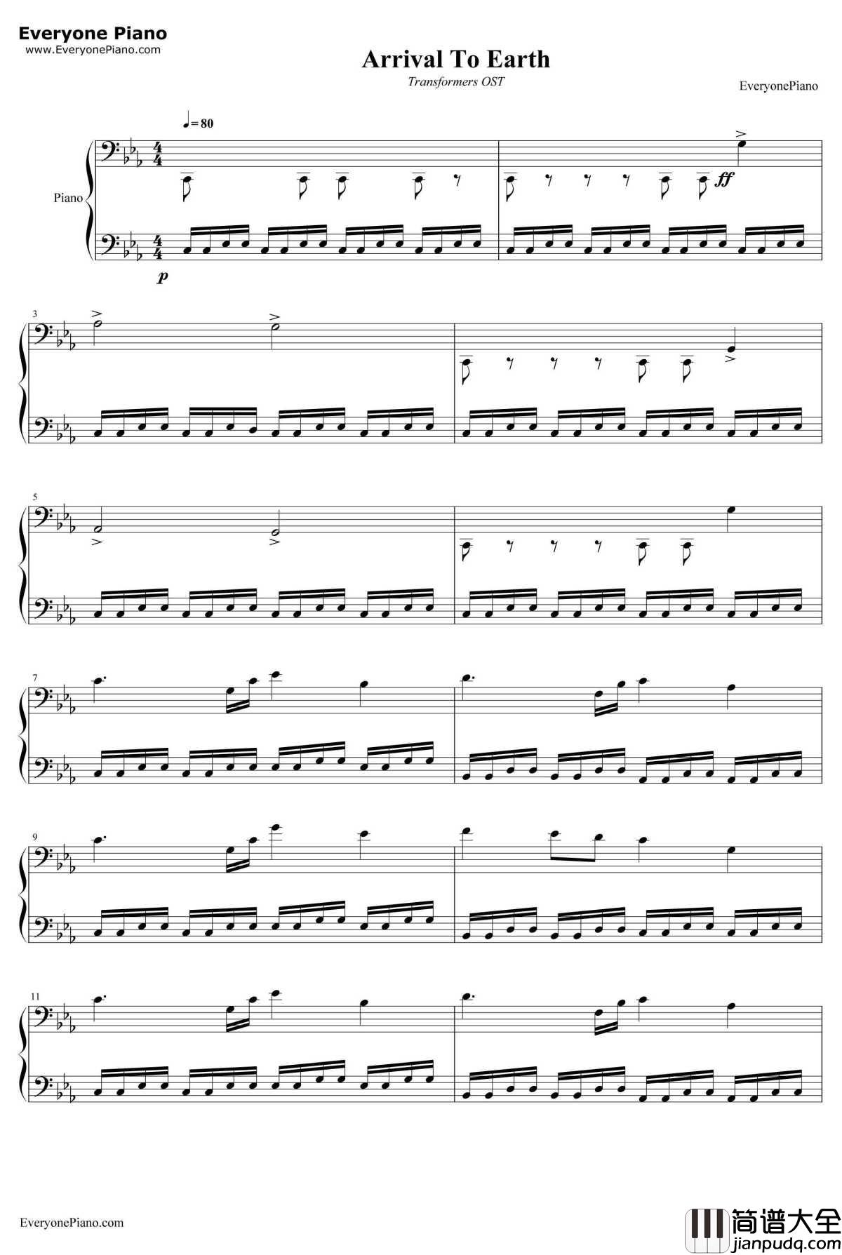 Arrival_To_Earth钢琴谱_SteveJablonsky_第一代_变形金刚_OST