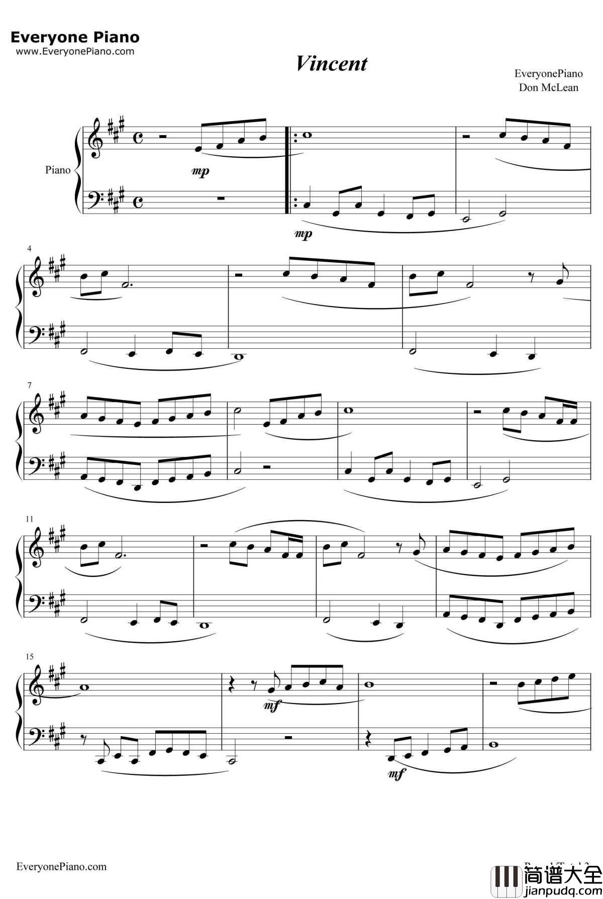 Vincent钢琴谱_DonMcLean