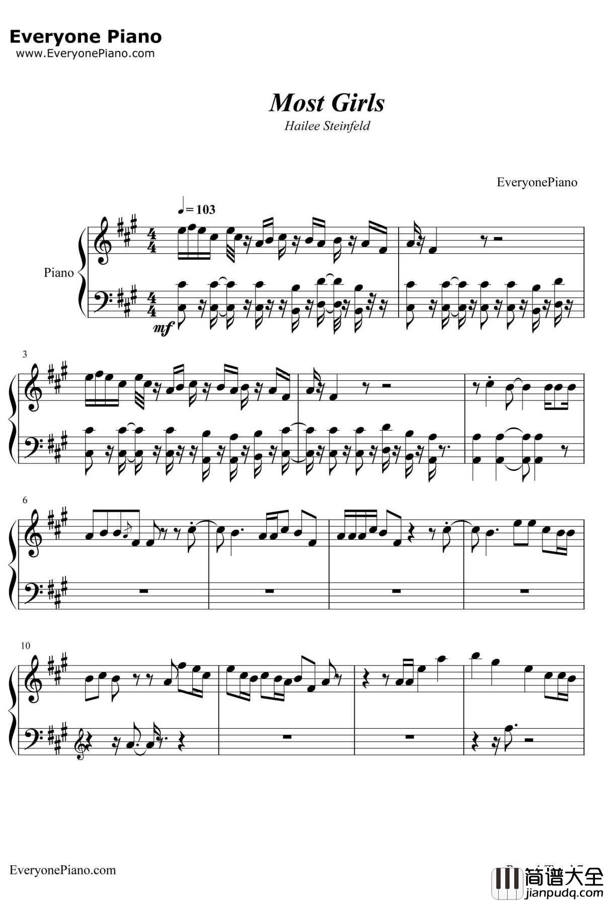 Most_Girls钢琴谱_HaileeSteinfeld