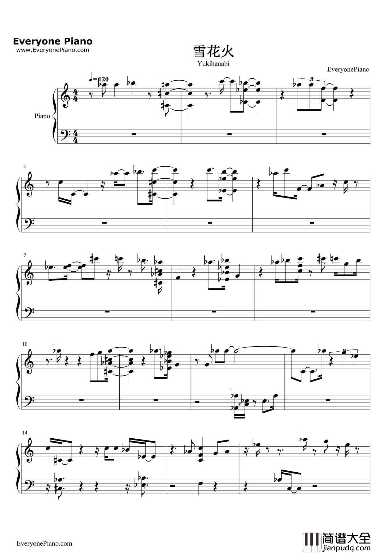 雪花火钢琴谱_冰无小雪(CV:早见沙织)_风夏ED