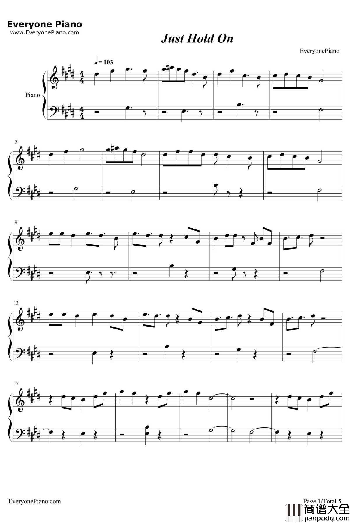 Just_Hold_On钢琴谱_SteveAokiandLouisTomlinson