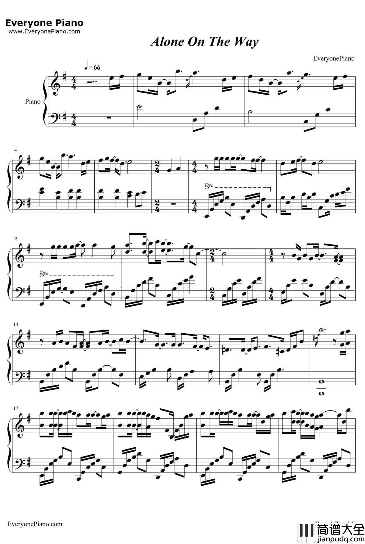 A_lone_On_The_Way钢琴谱_Pianoboy