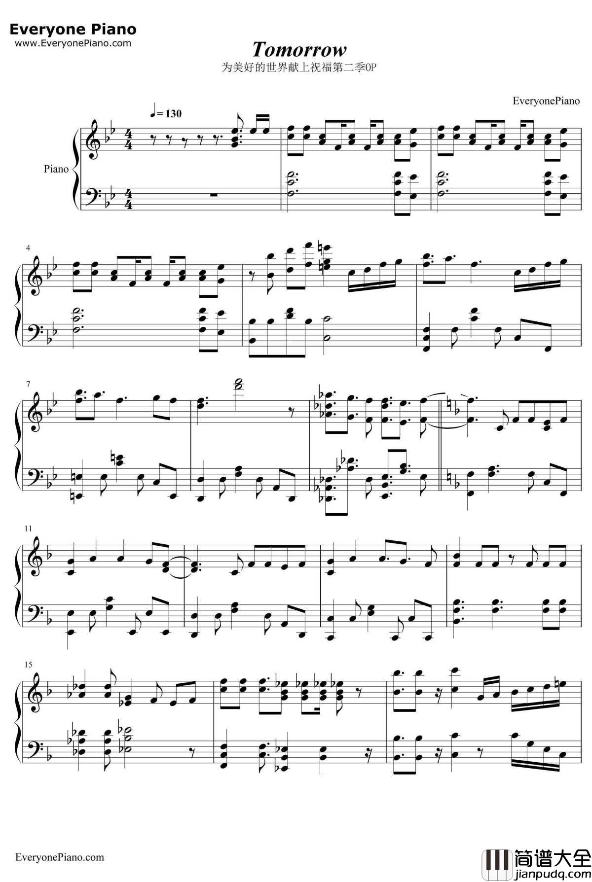 Tomorrow钢琴谱_Machico_为美好的世界献上祝福第二季OP
