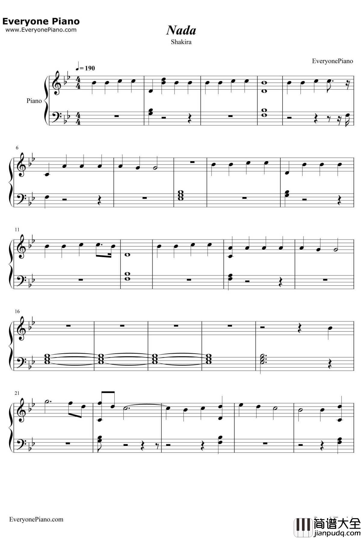 Nada钢琴谱_Shakira