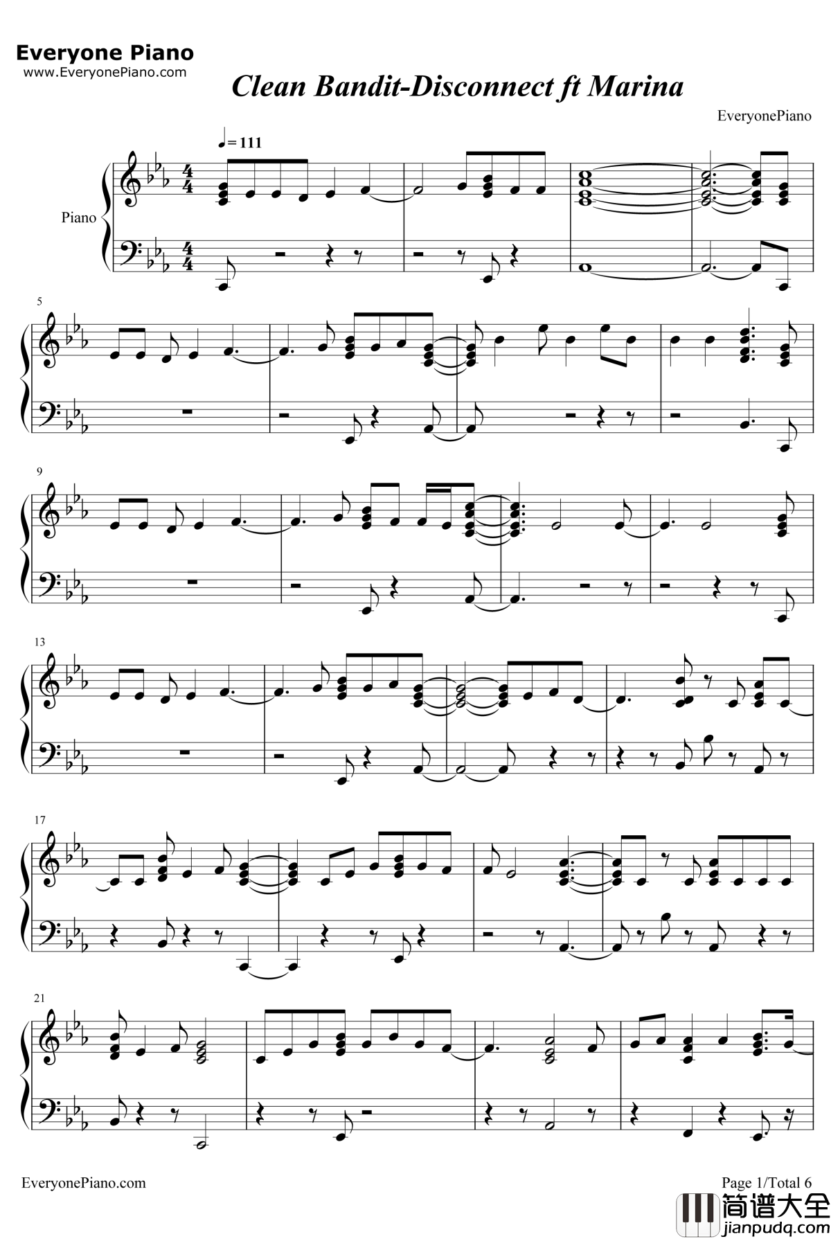Disconnect钢琴谱_CleanBanditftMarina
