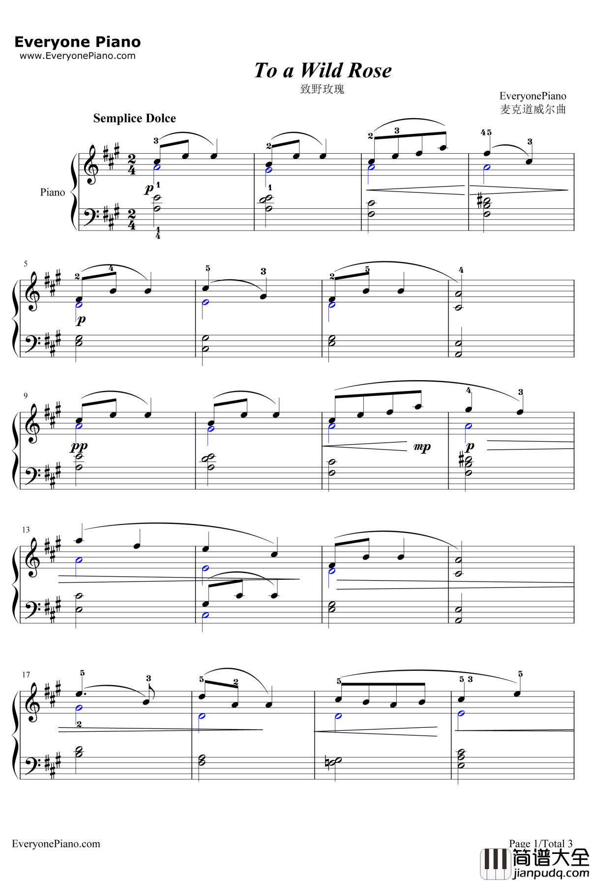 致野玫瑰钢琴谱_EdwardMacDowell_ToaWildRose