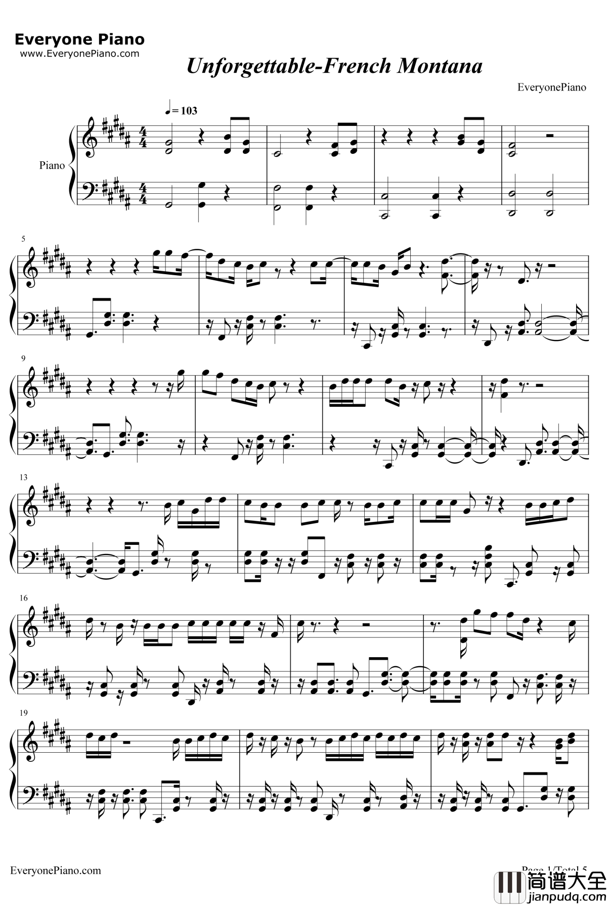 Unforgettable钢琴谱_FrenchMontana