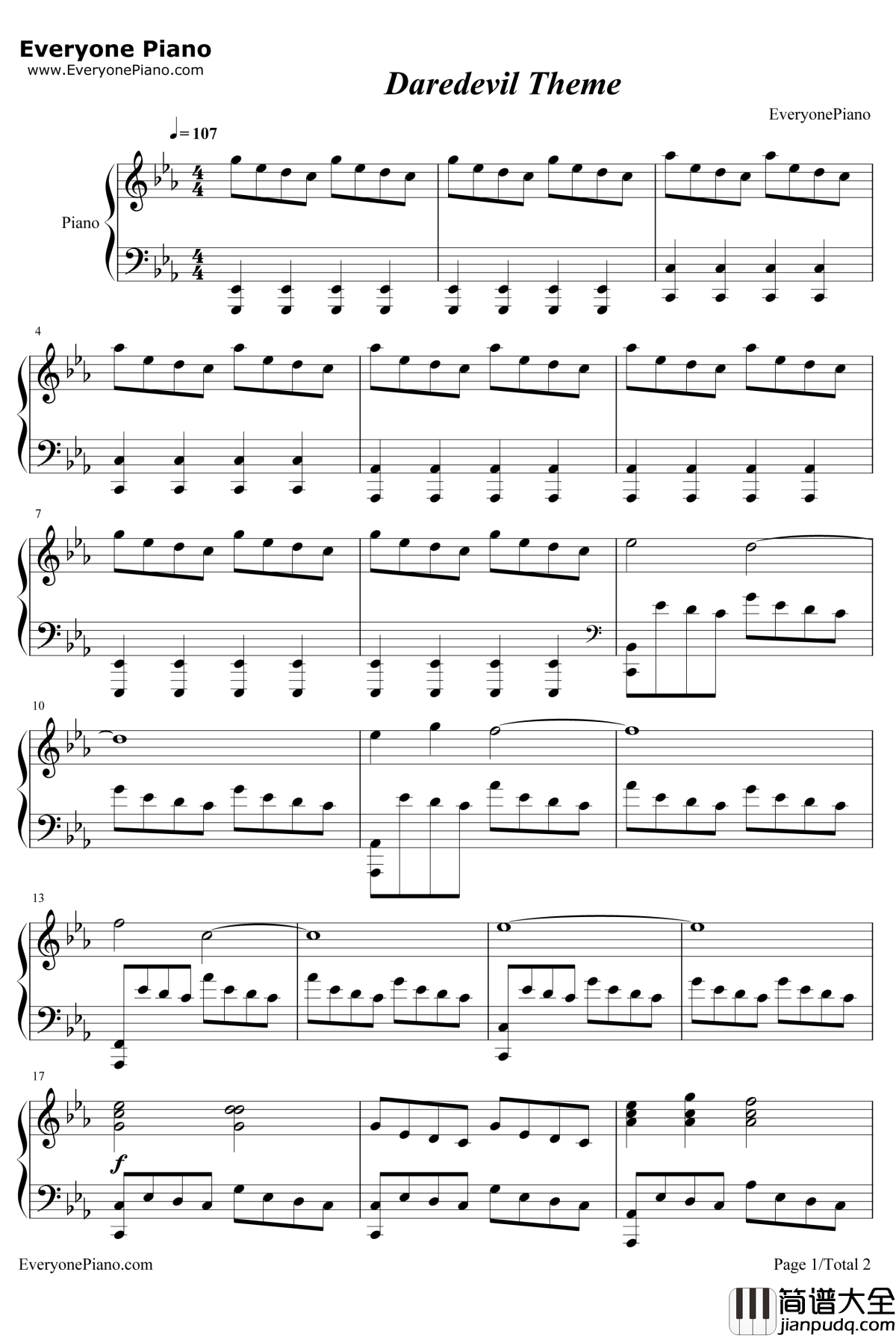 Daredevil_Theme钢琴谱_GraemeRevell_超胆侠OST