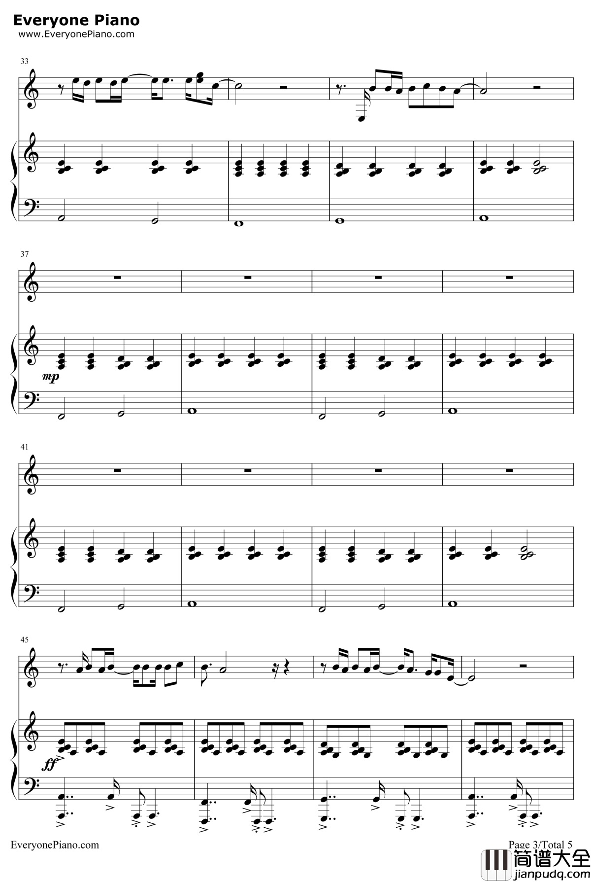 再见青春钢琴谱_汪峰_北京爱情故事插曲