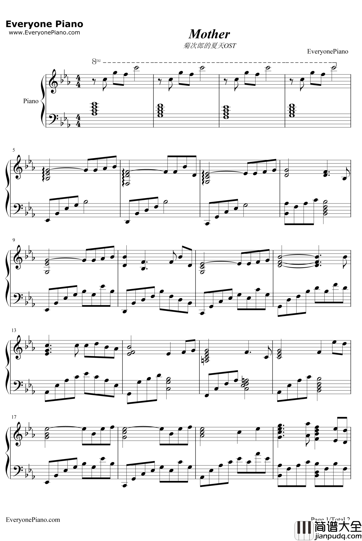 Mother钢琴谱_久石让宫崎骏_菊次郎的夏天OST