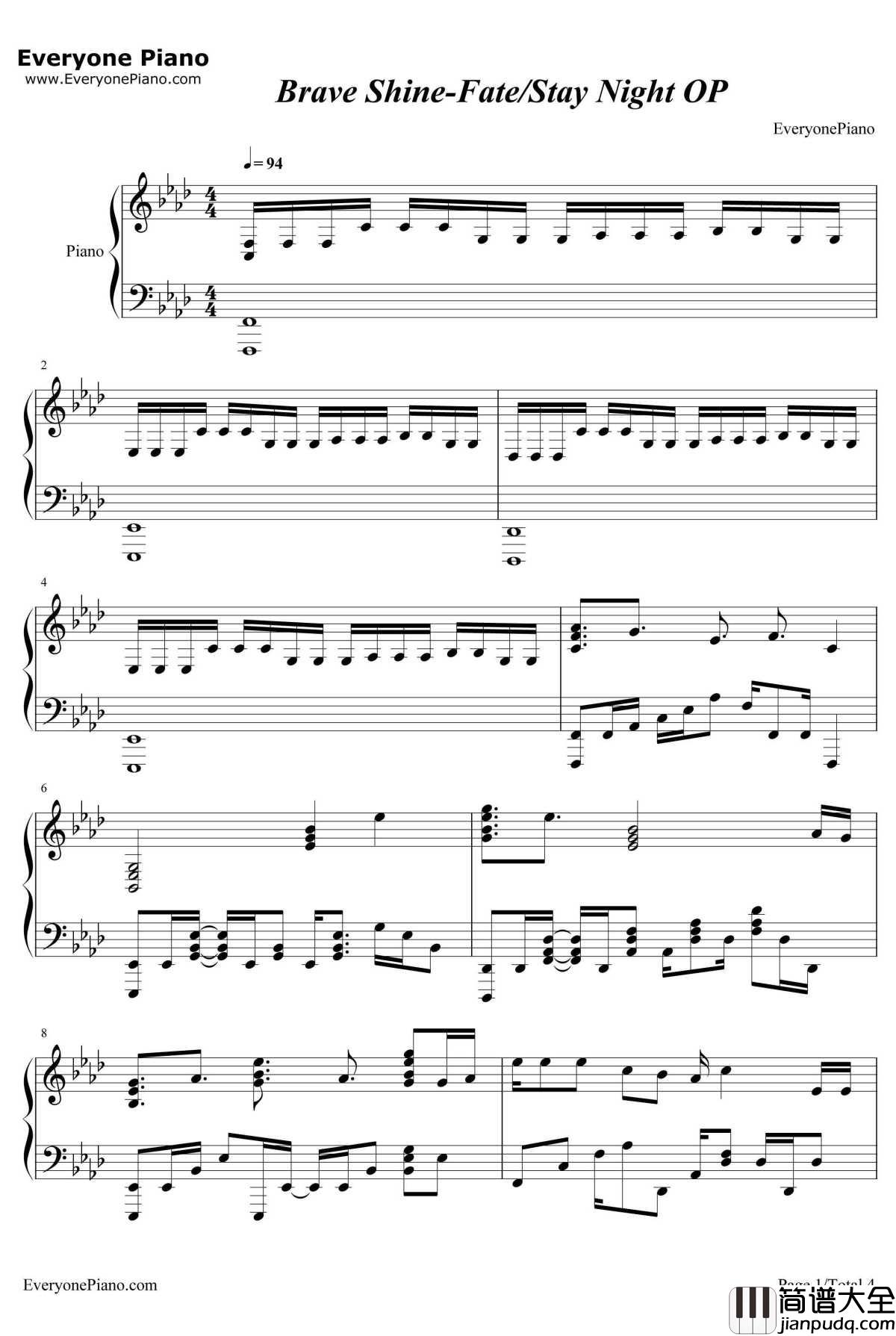 Brave_Shine钢琴谱_Aimer_Fate/staynightUnlimitedBladeWorksOP2