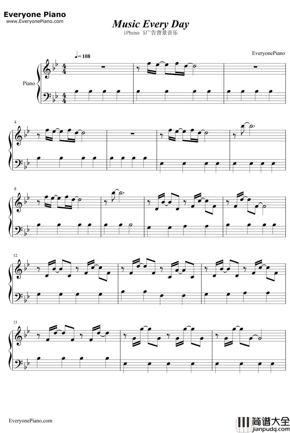 Music_Every_Day钢琴谱_RobSimonsen_iPhone5广告背景音乐
