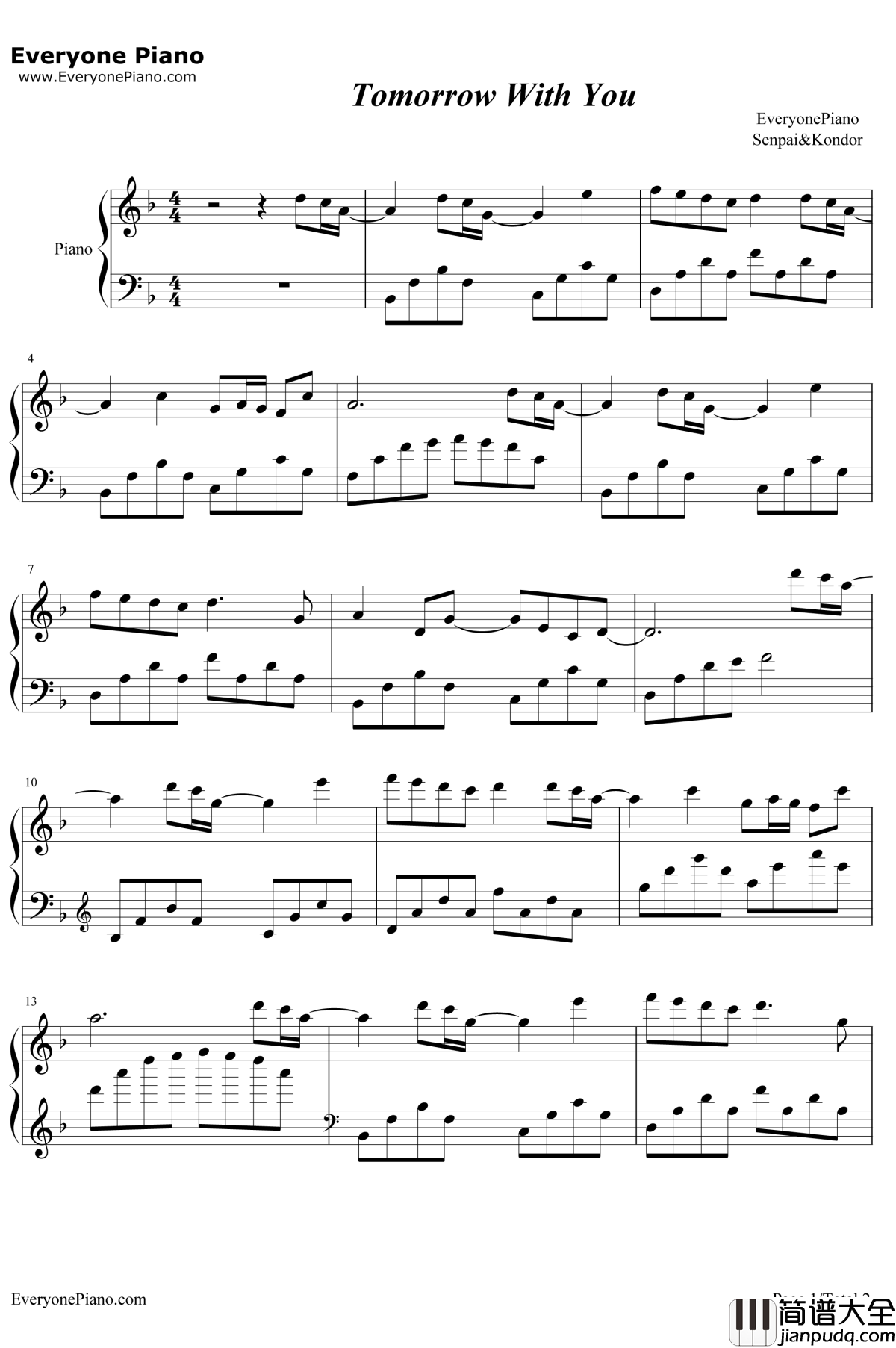 Tomorrow_With_You钢琴谱_SenpaiKondor_Senpai和Kondor