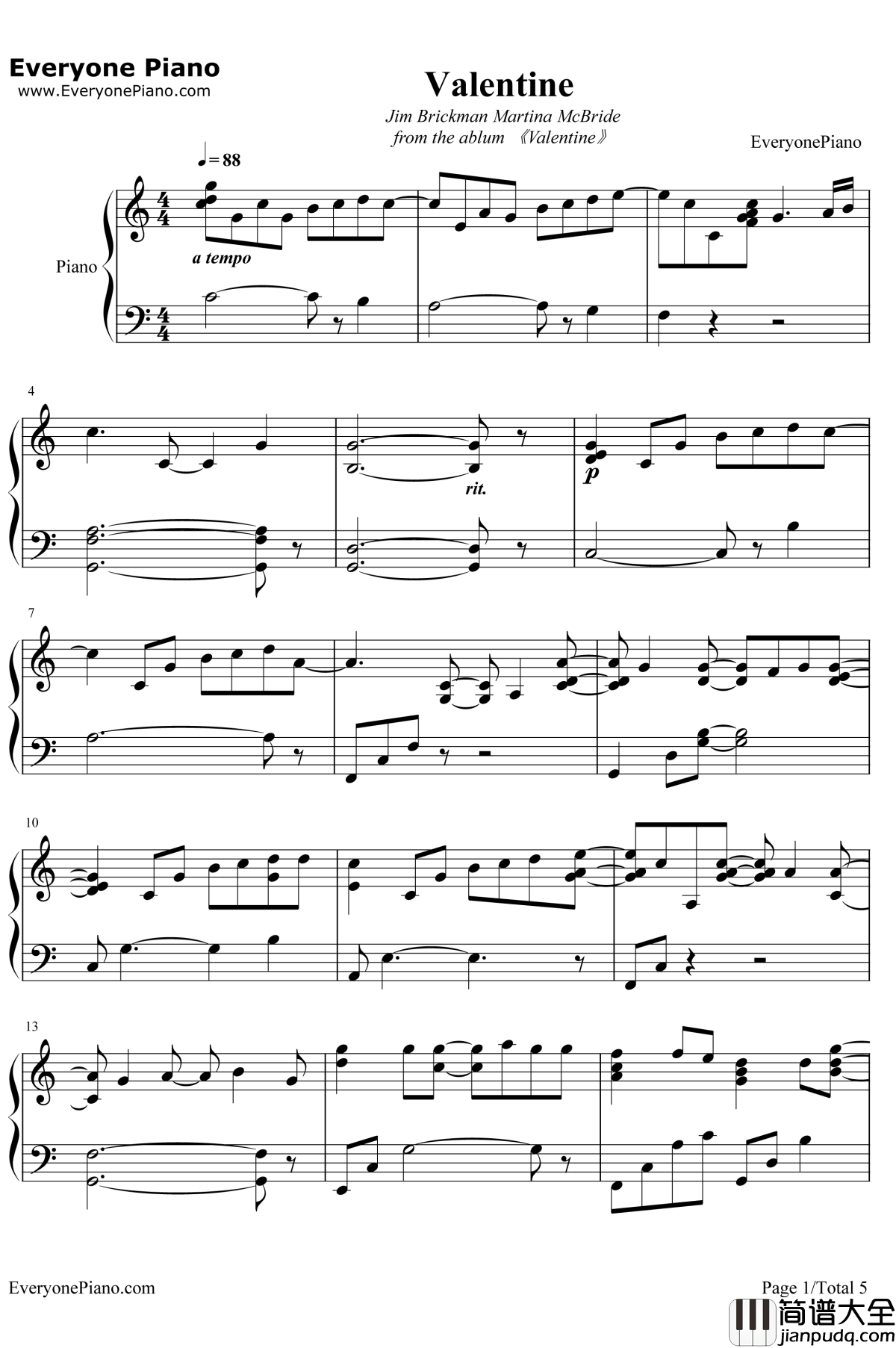 Valentine钢琴谱_JimBrickmanMartinaMcBride_JimBrickman和MartinaMcBride