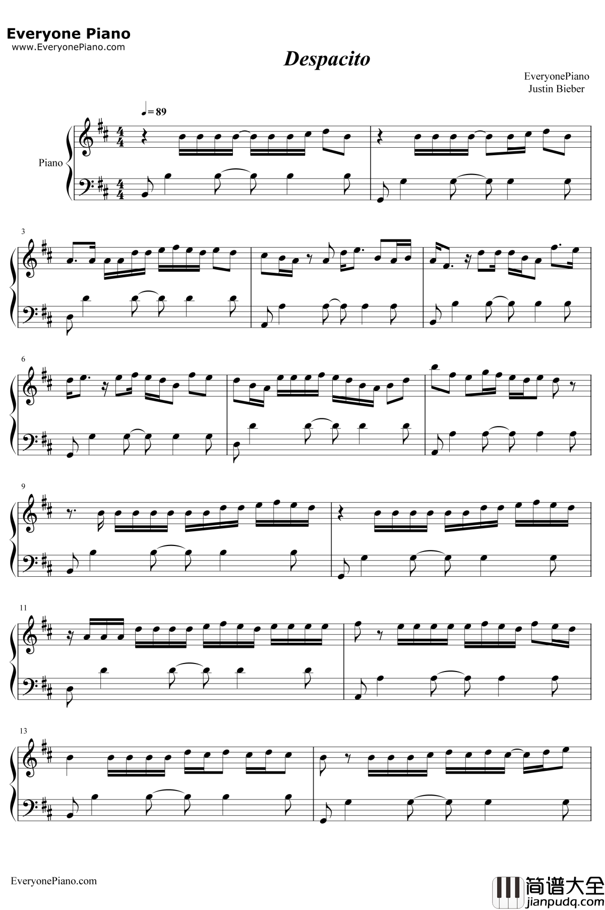 Despacito钢琴谱_JustinBieber_JustinBieber