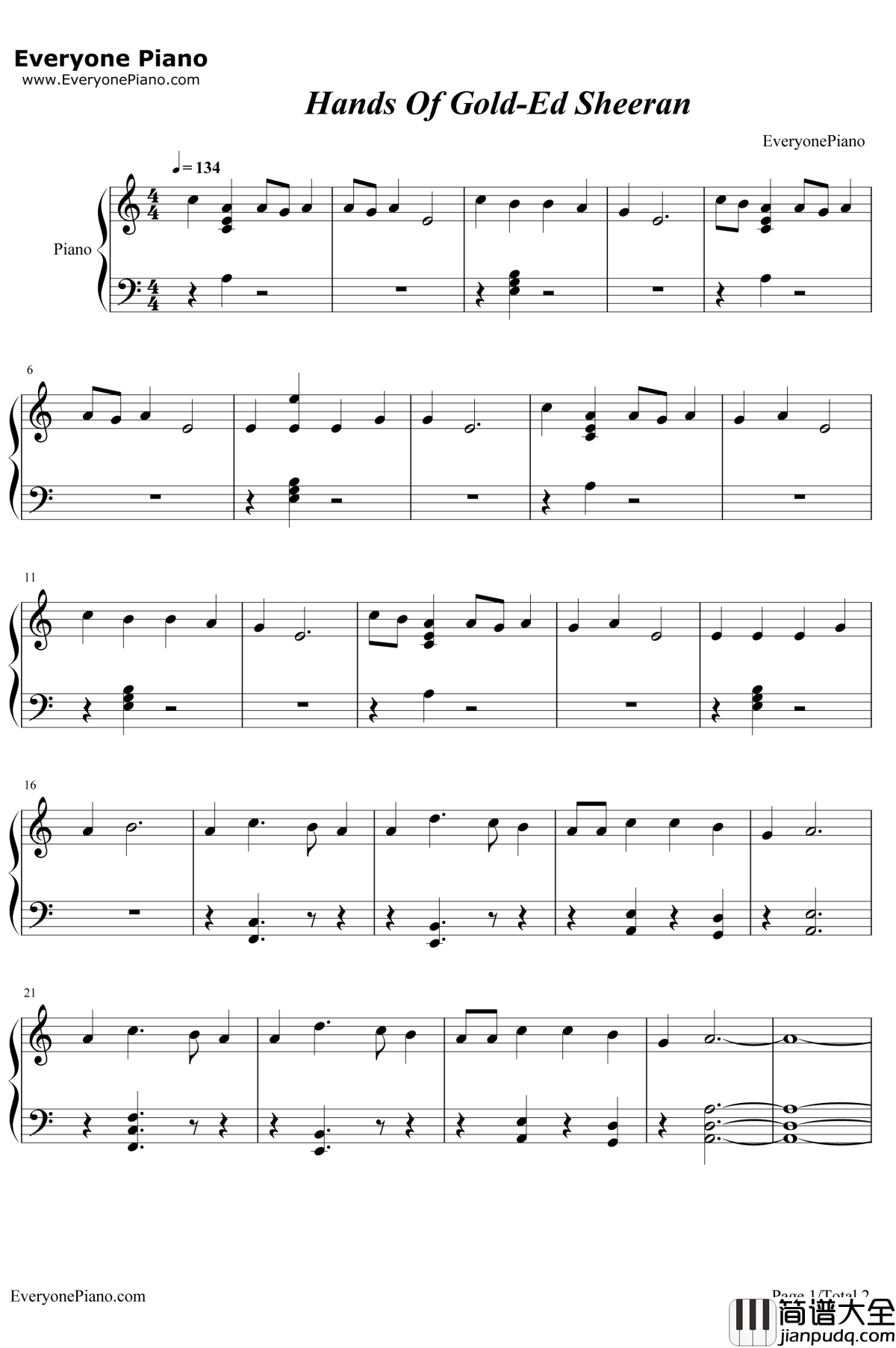 HandsOfGold钢琴谱_EdSheeran_权力的游戏第七季OST