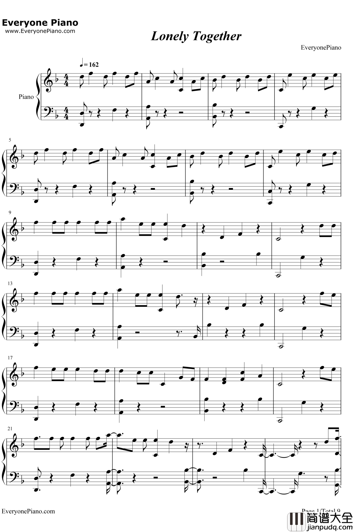 Lonely_Together钢琴谱_Avicii