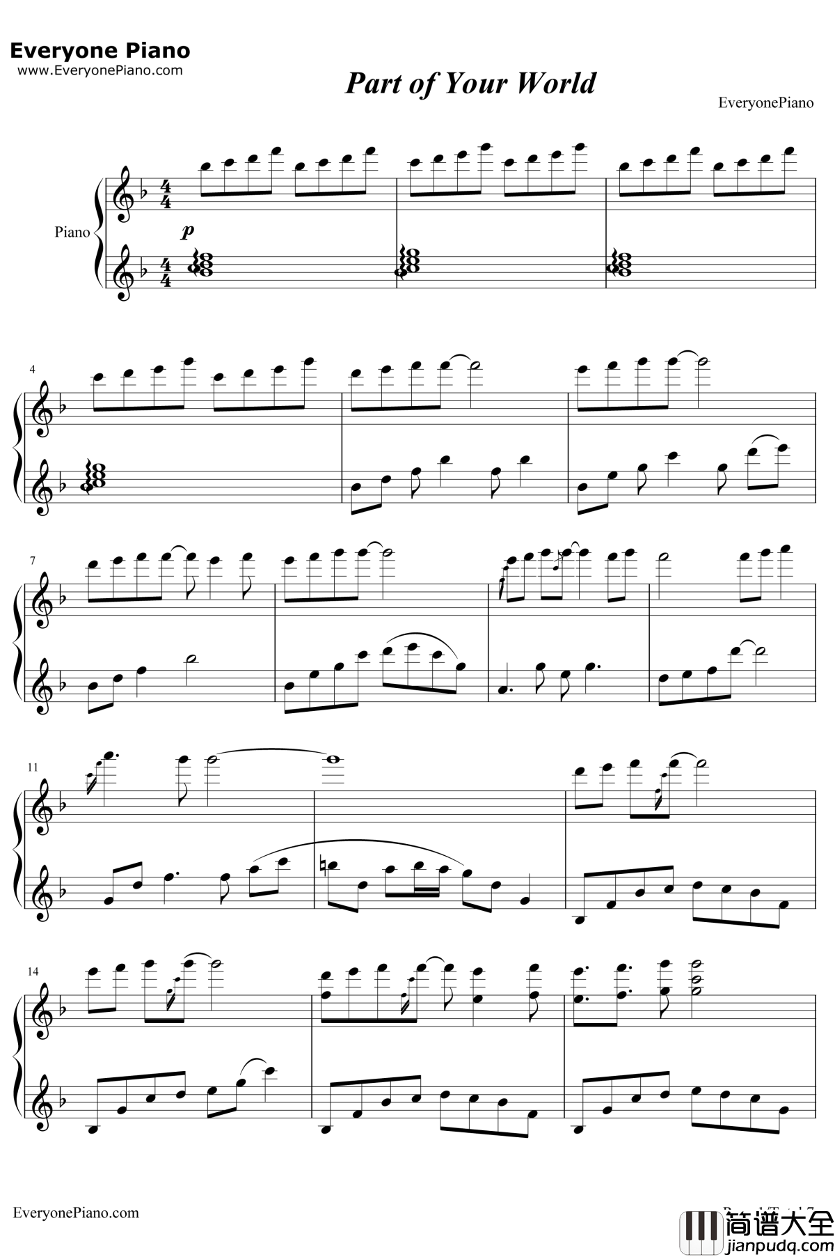 Part_of_Your_World钢琴谱_AlanMenken_动画片_小美人鱼_插曲