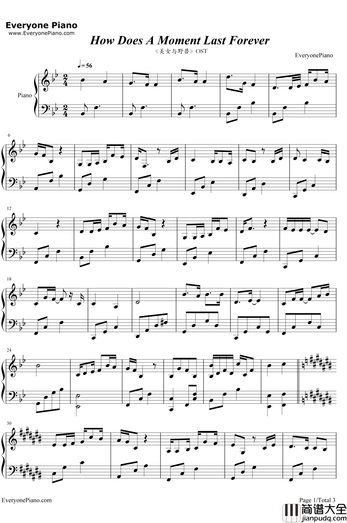 How_Does_A_Moment_Last_Forever钢琴谱_CélineDionLondonVoicesMichaelKosarin__美女与野兽_OST