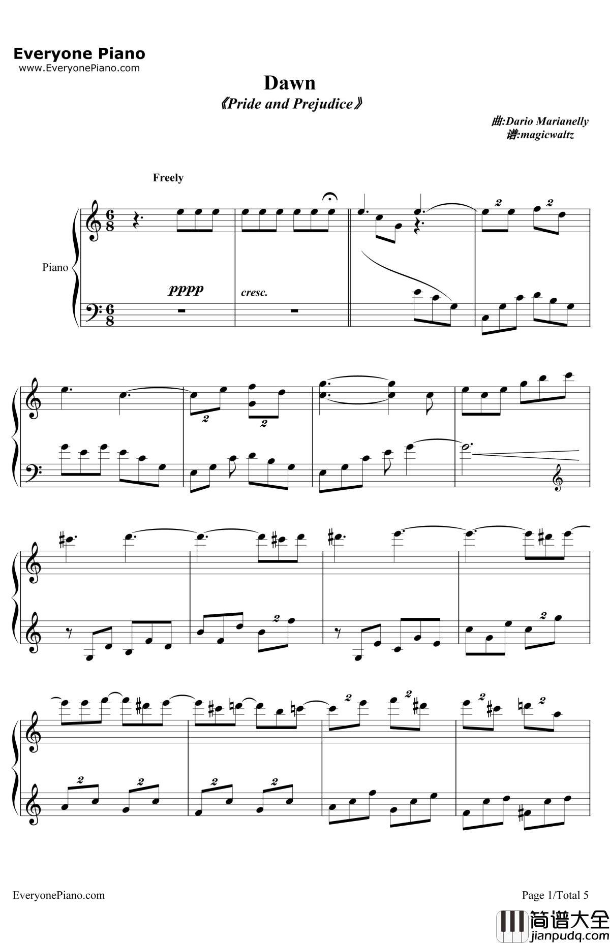 Dawn钢琴谱_达里奥·马里亚内利(DarioMarianelli)_傲慢与偏见配乐