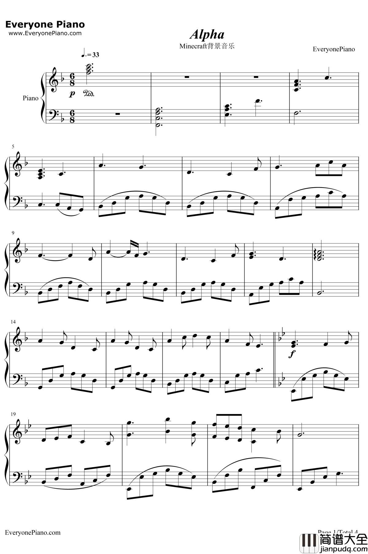 Alpha钢琴谱_丹尼尔·罗森菲尔德C418_Minecraft背景音乐