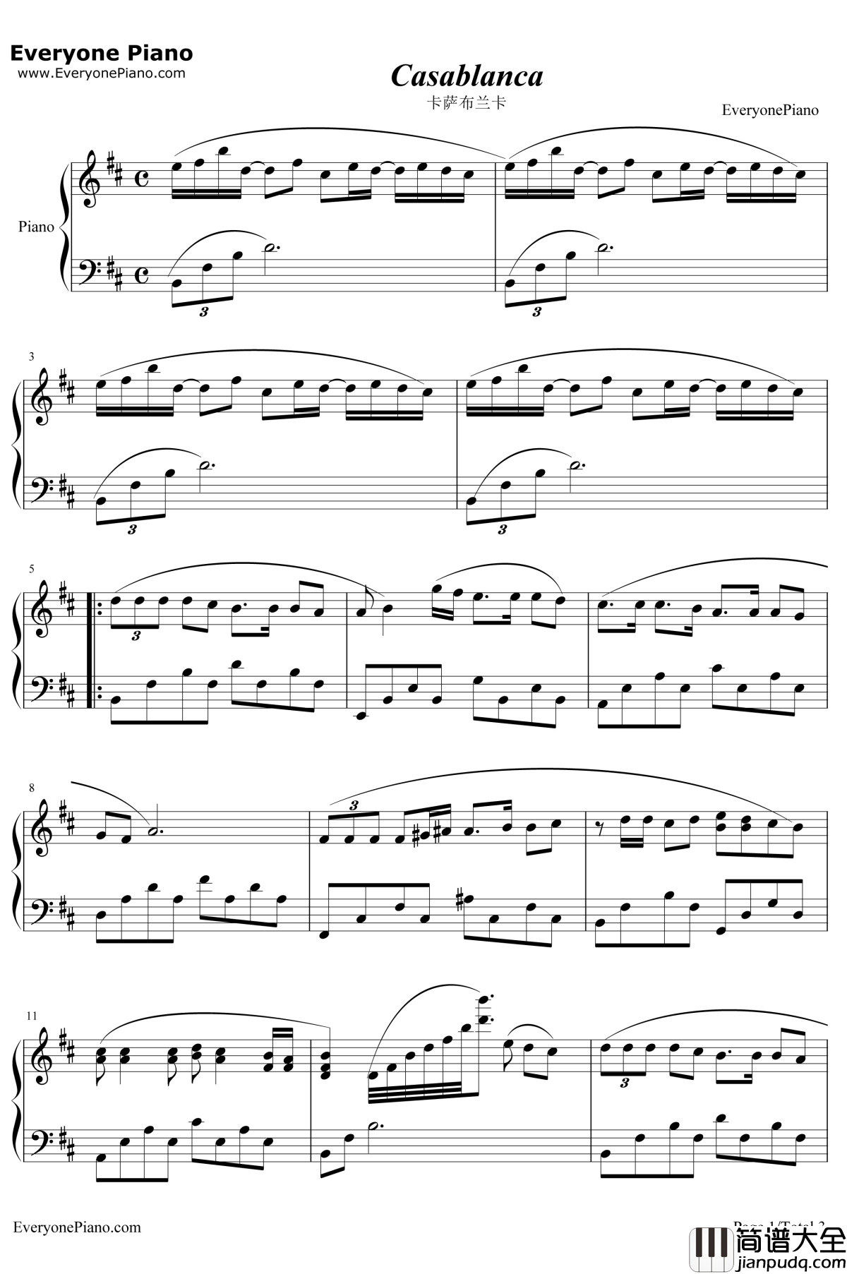 卡萨布兰卡钢琴谱_贝特·希金斯BertieHiggins_贝特·希金斯