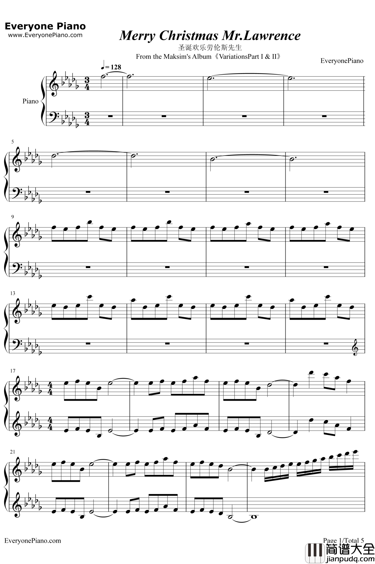 Merry_Christmas_Mr_Lawrence钢琴谱_坂本龙一_圣诞快乐劳伦斯先生原声音乐