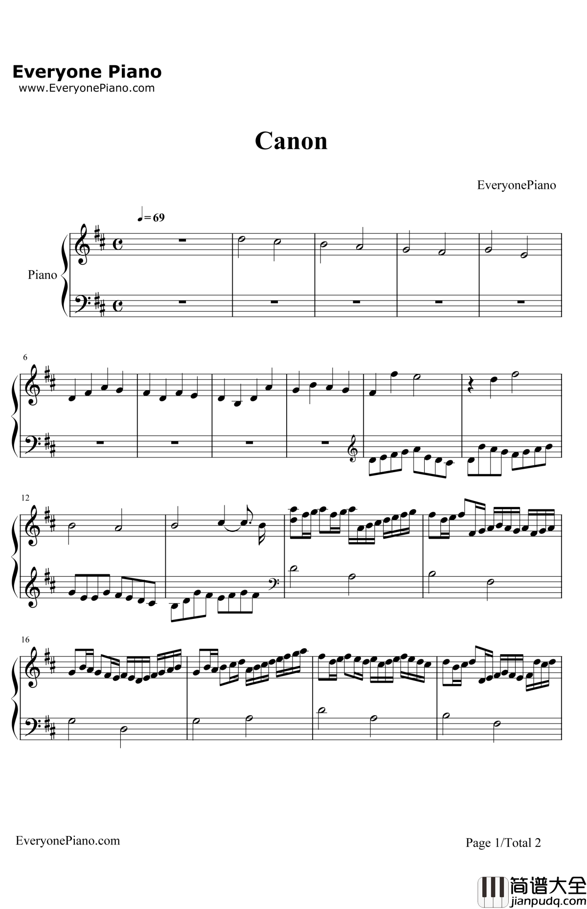 卡农D调简单版钢琴谱_帕海贝尔