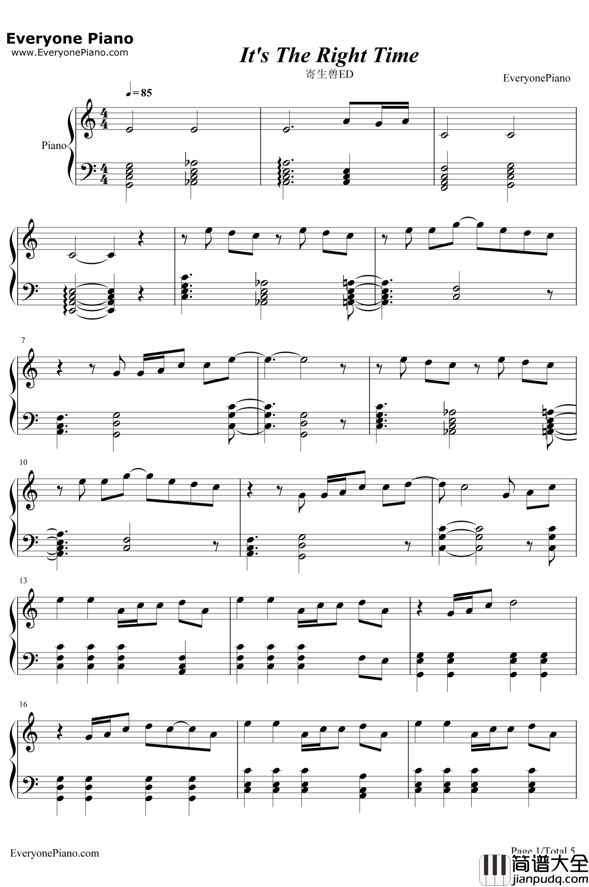 Its_the_Right_Time钢琴谱_三浦大知_寄生兽ED