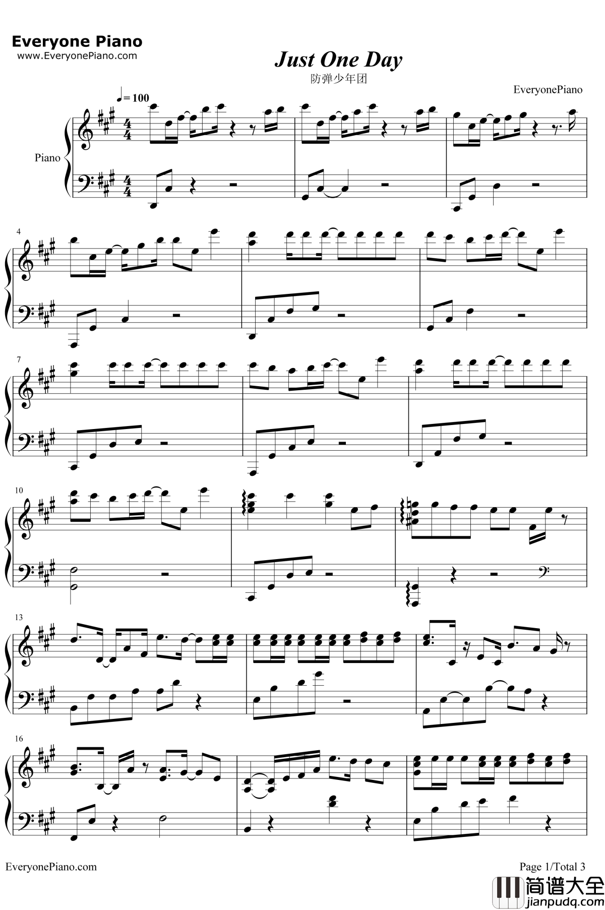 Just_One_Day钢琴谱_防弹少年团