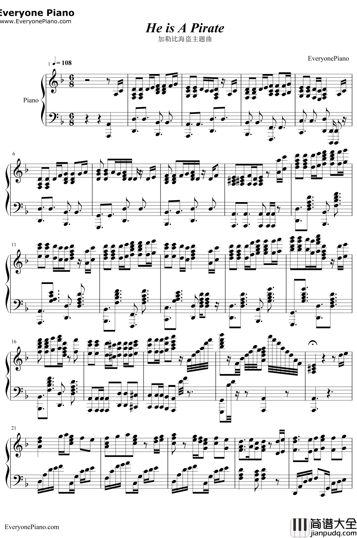 加勒比海盗主题曲钢琴谱_克劳斯·巴德尔特_HeisAPirate