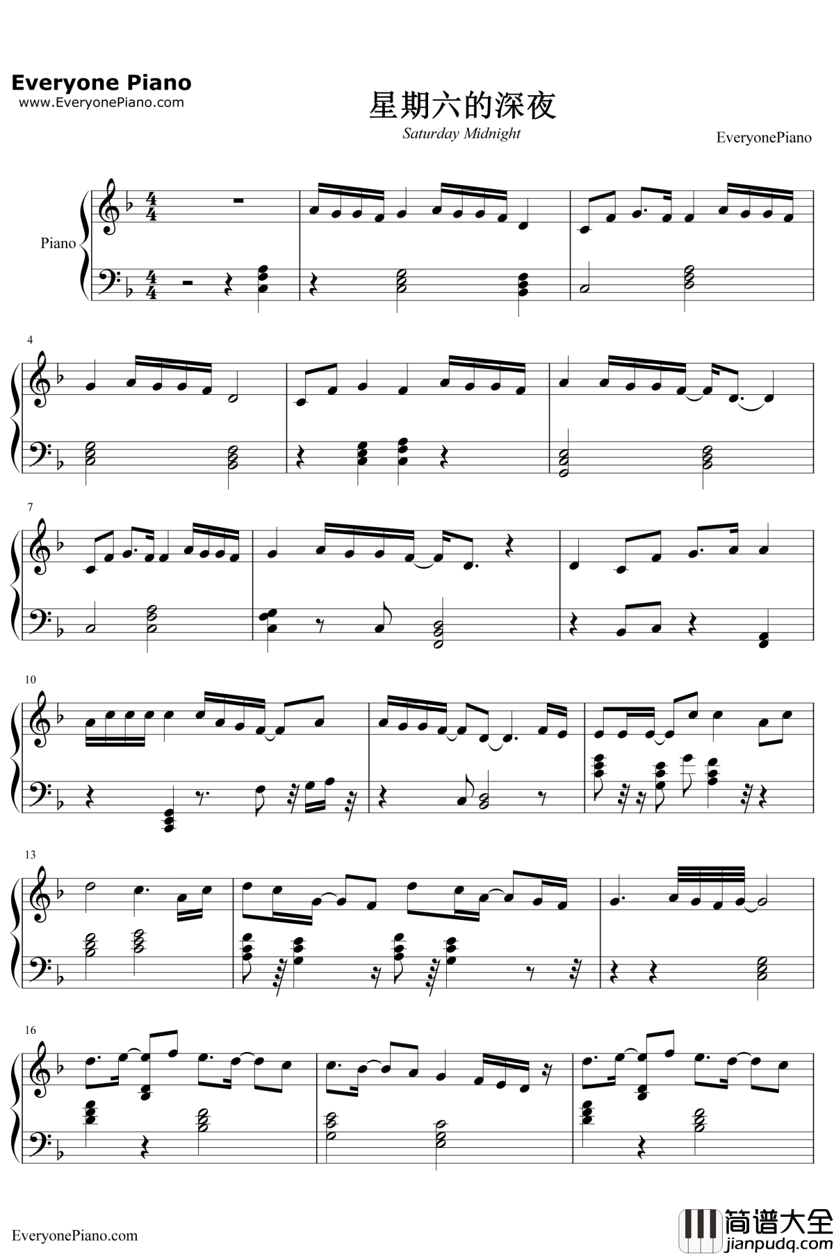 星期六的深夜钢琴谱___王力宏